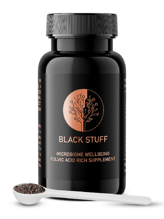 Image of the Black Stuff 30 day supplement bottle, featuring a sleek black design with the Black Stuff logo prominently displayed on the label.
